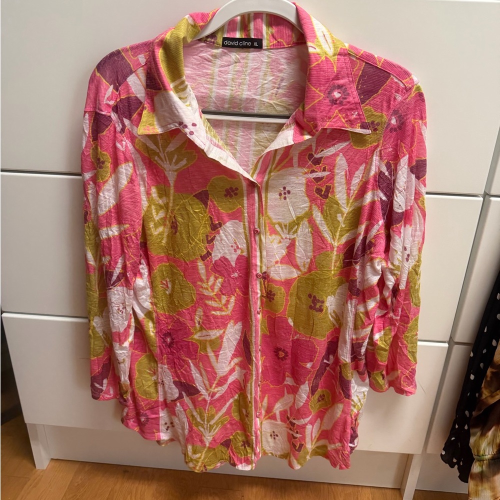 David Cline Pink, Olive & White Floral Button-Front Blouse